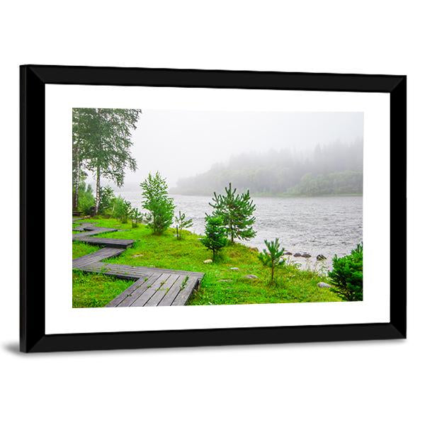 Trails In A Foggy Forest Near Water Canvas Wall Art-3 Horizontal-Gallery Wrap-25" x 16"-Tiaracle