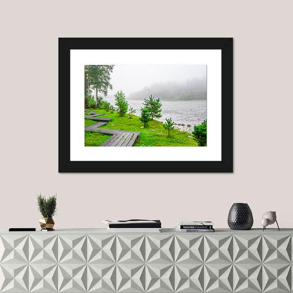 Trails In A Foggy Forest Near Water Canvas Wall Art-3 Horizontal-Gallery Wrap-25" x 16"-Tiaracle