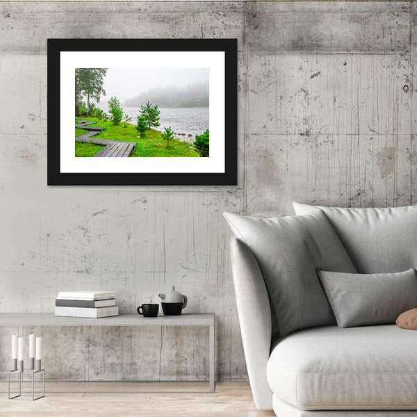 Trails In A Foggy Forest Near Water Canvas Wall Art-3 Horizontal-Gallery Wrap-25" x 16"-Tiaracle