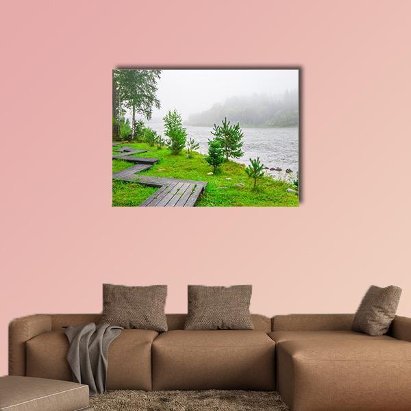 Foggy Forest Trails by the River Canvas Wall Art in white, gray and green, single panel hung on a wall