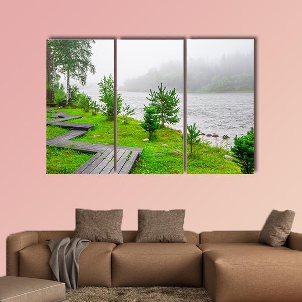 Trails In A Foggy Forest Near Water Canvas Wall Art-3 Horizontal-Gallery Wrap-37" x 24"-Tiaracle