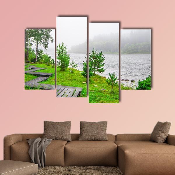 Trails In A Foggy Forest Near Water Canvas Wall Art-4 Pop-Gallery Wrap-50" x 32"-Tiaracle