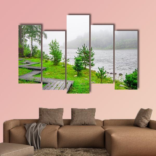 Trails In A Foggy Forest Near Water Canvas Wall Art-5 Pop-Gallery Wrap-47" x 32"-Tiaracle