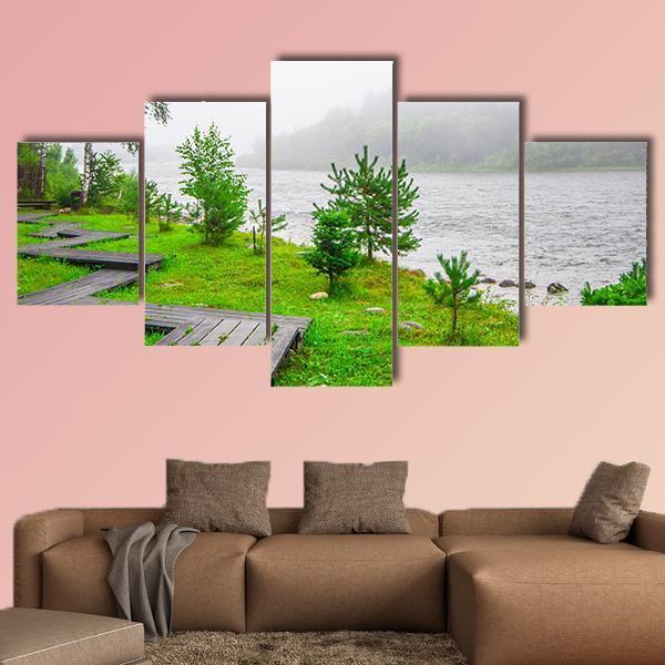 Trails In A Foggy Forest Near Water Canvas Wall Art-5 Star-Gallery Wrap-62" x 32"-Tiaracle