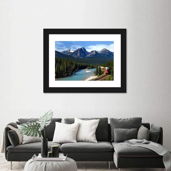 Train Along Bow River Canvas Wall Art-1 Piece-Framed Print-20" x 16"-Tiaracle