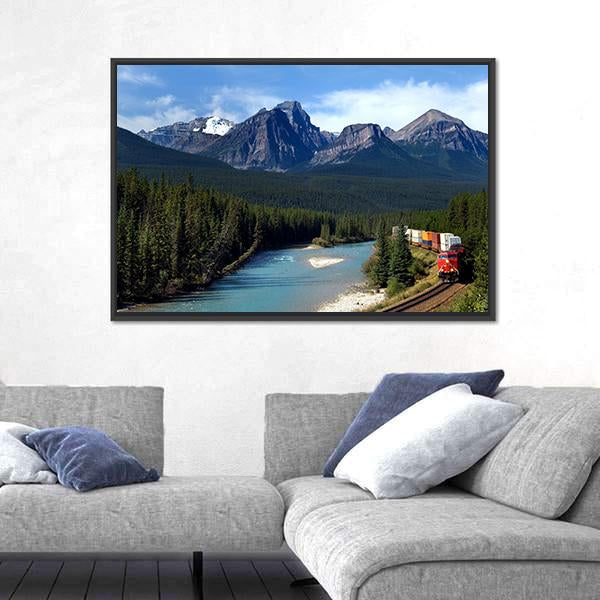 Train Along Bow River Canvas Wall Art in gray, green and blue, framed canvas, product view on a white background