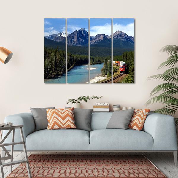 Train Along Bow River Canvas Wall Art-4 Horizontal-Gallery Wrap-34" x 24"-Tiaracle