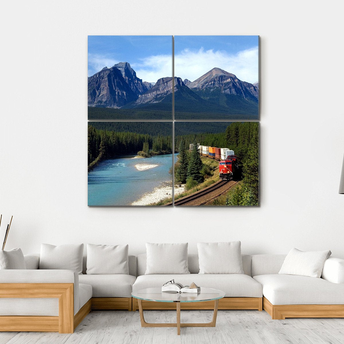 Train Along Bow River Canvas Wall Art-4 Square-Gallery Wrap-17" x 17"-Tiaracle