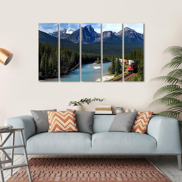 Train Along Bow River Canvas Wall Art-5 Horizontal-Gallery Wrap-22" x 12"-Tiaracle