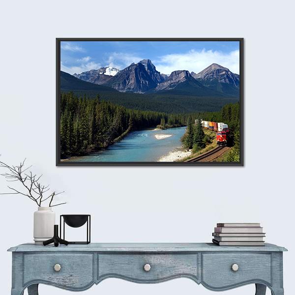 Train Along Bow River Canvas Wall Art-5 Horizontal-Gallery Wrap-22" x 12"-Tiaracle