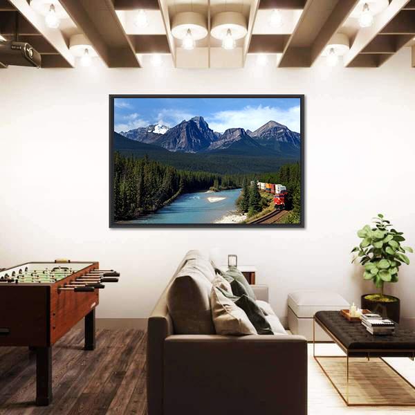 Train Along Bow River Canvas Wall Art-3 Horizontal-Gallery Wrap-25" x 16"-Tiaracle