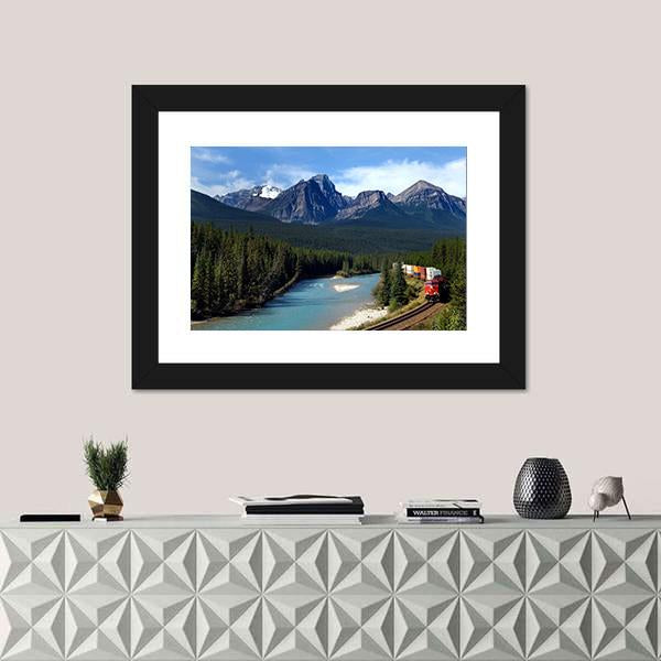 Train Along Bow River Canvas Wall Art-5 Horizontal-Gallery Wrap-22" x 12"-Tiaracle
