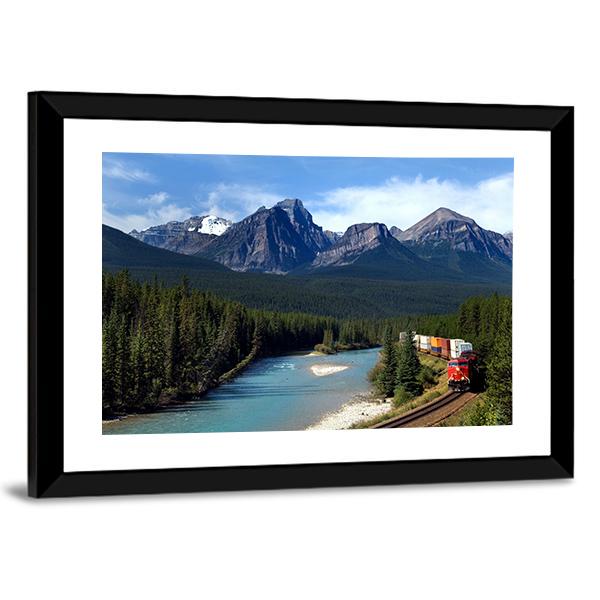 Train Along Bow River Canvas Wall Art-3 Horizontal-Gallery Wrap-25" x 16"-Tiaracle