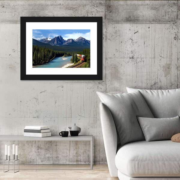 Train Along Bow River Canvas Wall Art-3 Horizontal-Gallery Wrap-25" x 16"-Tiaracle