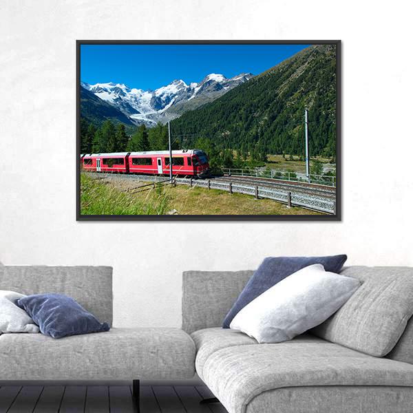 Train Bernina Express in Swiss Mountain Canvas Wall Art-1 Piece-Floating Frame-36" x 24"-Tiaracle