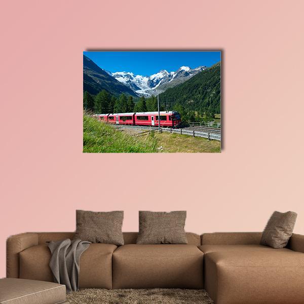 Bernina Express Red Passenger Train Canvas Wall Art in red, green and blue, single panel hung on a wall
