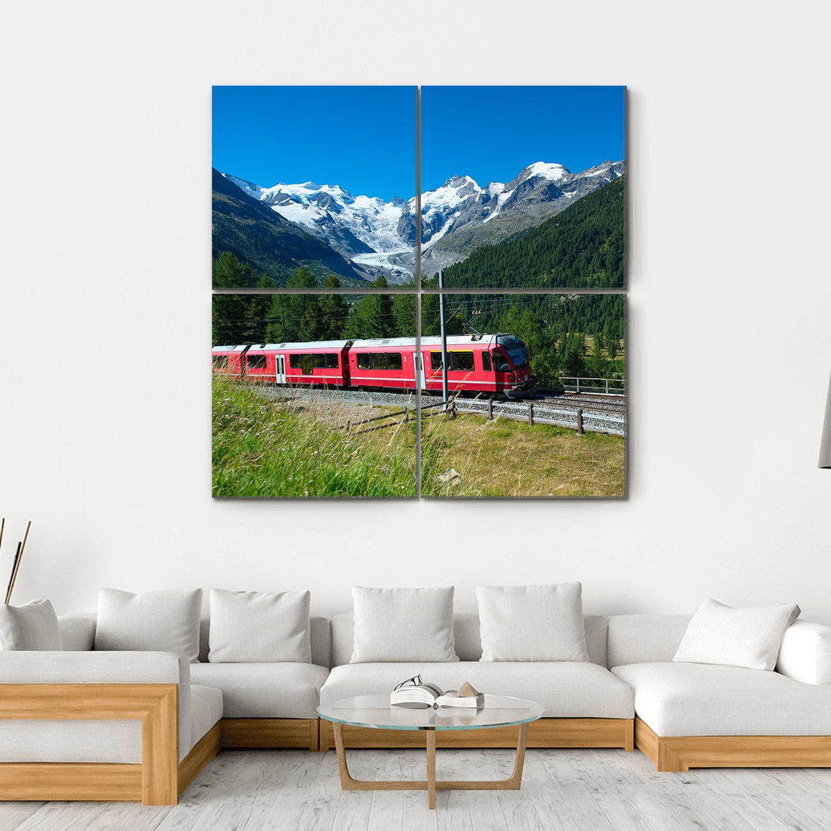 Train Bernina Express in Swiss Mountain Canvas Wall Art-4 Square-Gallery Wrap-17" x 17"-Tiaracle