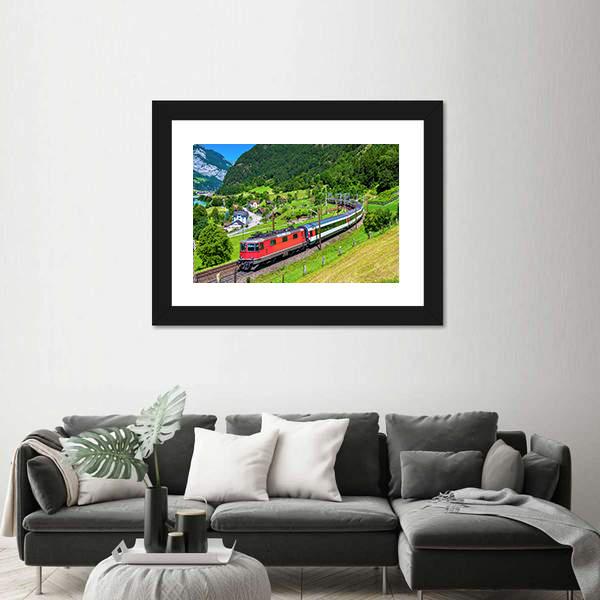 Train Climbs Up The Gotthard Railway Canvas Wall Art-1 Piece-Framed Print-20" x 16"-Tiaracle