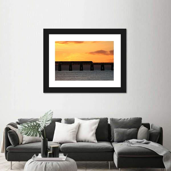 Train Crossing Tay Rail Bridge At Sunset Canvas Wall Art-1 Piece-Framed Print-20" x 16"-Tiaracle