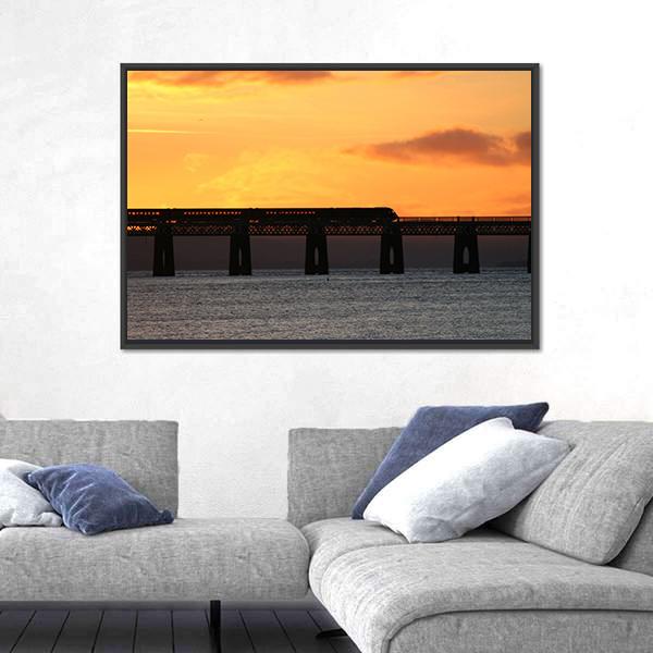 Train Crossing Tay Rail Bridge At Sunset Canvas Wall Art-1 Piece-Floating Frame-24" x 16"-Tiaracle