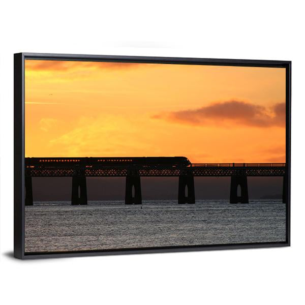 Train Crossing Tay Rail Bridge At Sunset Canvas Wall Art-3 Horizontal-Gallery Wrap-25" x 16"-Tiaracle