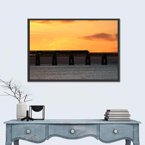 Train Crossing Tay Rail Bridge At Sunset Canvas Wall Art-3 Horizontal-Gallery Wrap-25" x 16"-Tiaracle