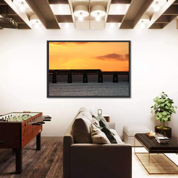 Train Crossing Tay Rail Bridge At Sunset Canvas Wall Art-3 Horizontal-Gallery Wrap-25" x 16"-Tiaracle