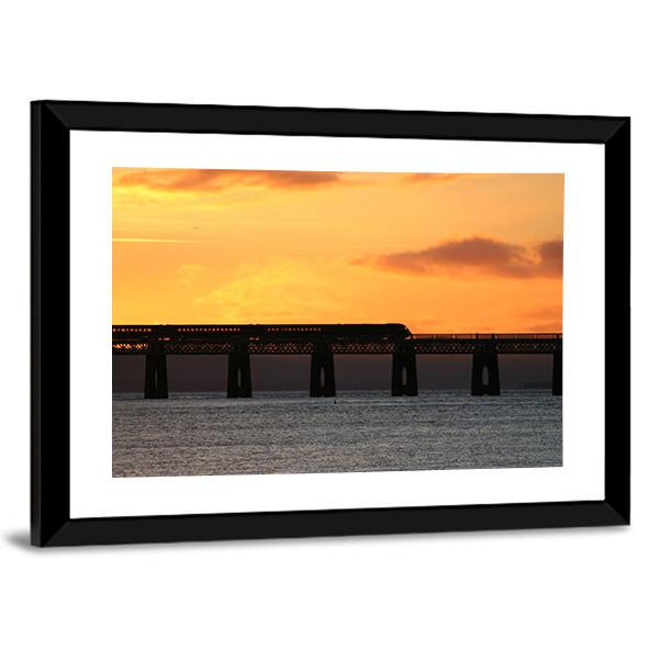 Train Crossing Tay Rail Bridge At Sunset Canvas Wall Art-3 Horizontal-Gallery Wrap-25" x 16"-Tiaracle