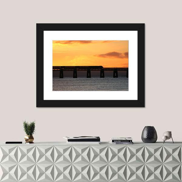 Train Crossing Tay Rail Bridge At Sunset Canvas Wall Art-3 Horizontal-Gallery Wrap-25" x 16"-Tiaracle