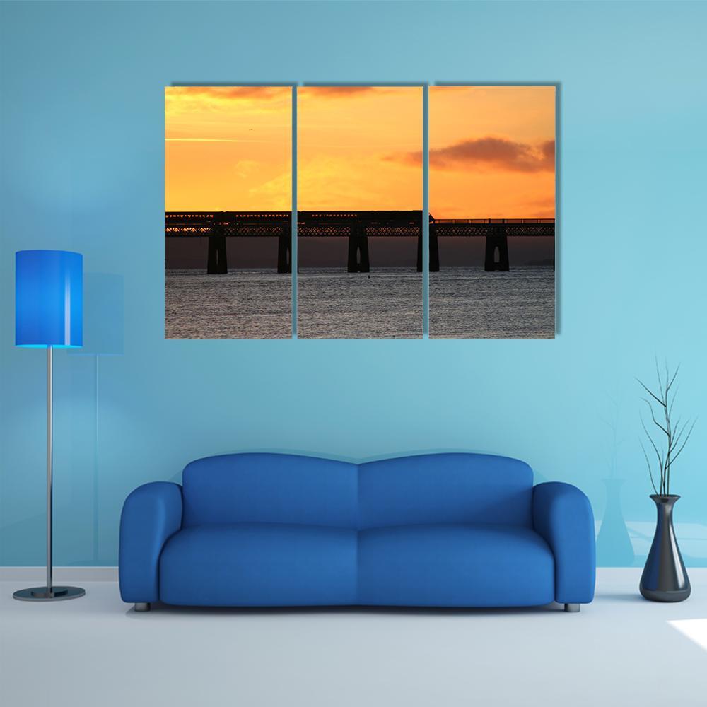 Train Crossing Tay Rail Bridge At Sunset Canvas Wall Art-3 Horizontal-Gallery Wrap-37" x 24"-Tiaracle
