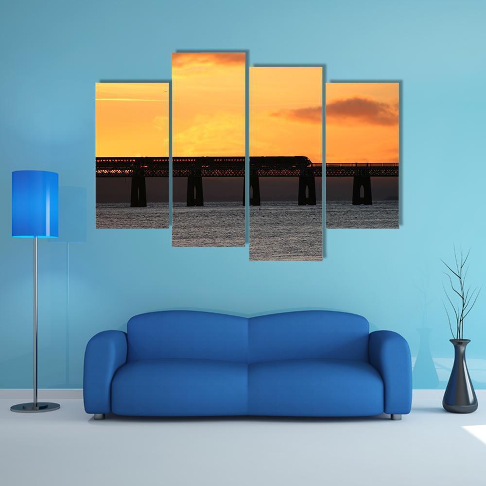 Train Crossing Tay Rail Bridge At Sunset Canvas Wall Art-4 Pop-Gallery Wrap-50" x 32"-Tiaracle