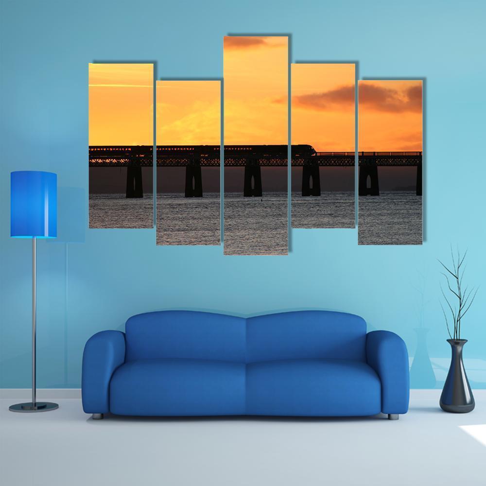 Train Crossing Tay Rail Bridge At Sunset Canvas Wall Art-5 Pop-Gallery Wrap-47" x 32"-Tiaracle