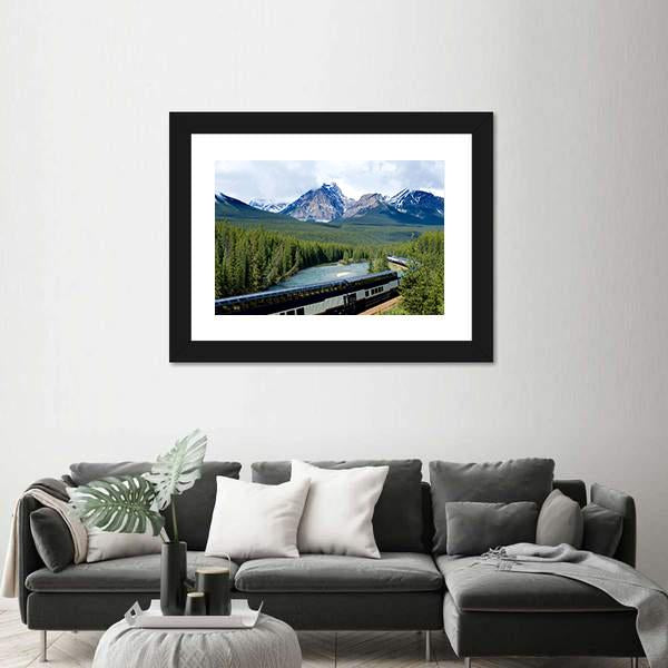 Train In Canadian Rockies Canvas Wall Art-1 Piece-Framed Print-20" x 16"-Tiaracle