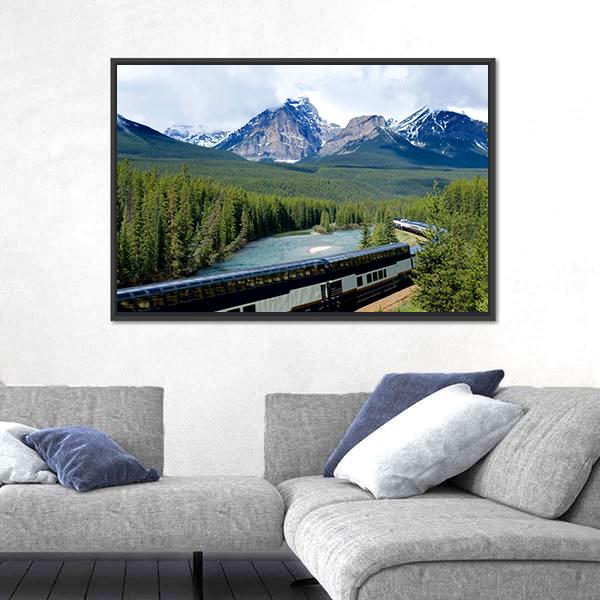 Train In Canadian Rockies Canvas Wall Art-1 Piece-Floating Frame-24" x 16"-Tiaracle