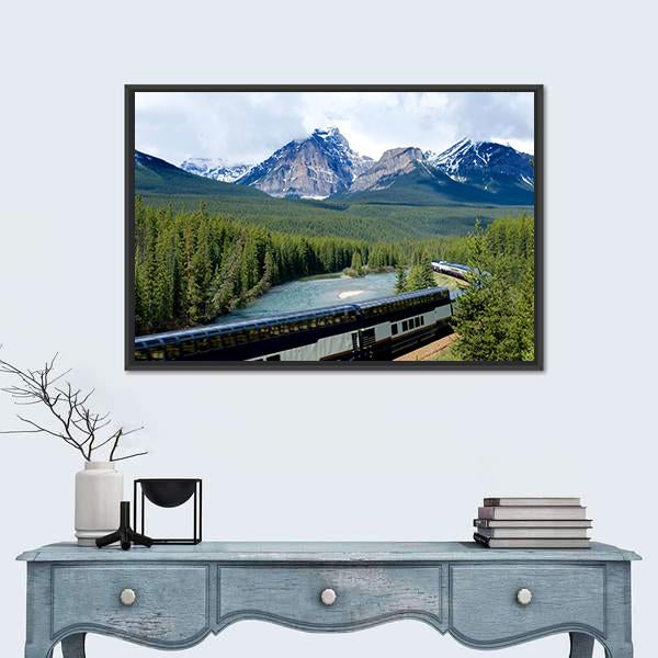 Train In Canadian Rockies Canvas Wall Art-3 Horizontal-Gallery Wrap-25" x 16"-Tiaracle
