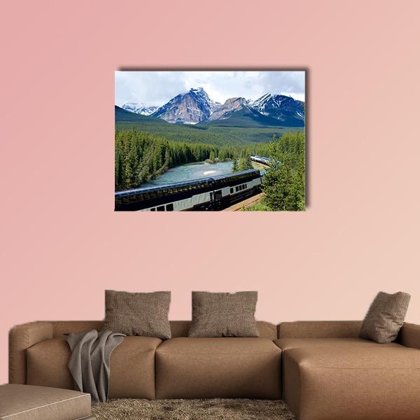 Train in the Canadian Rockies Canvas Wall Art in gray, green and blue, single panel hung on a wall