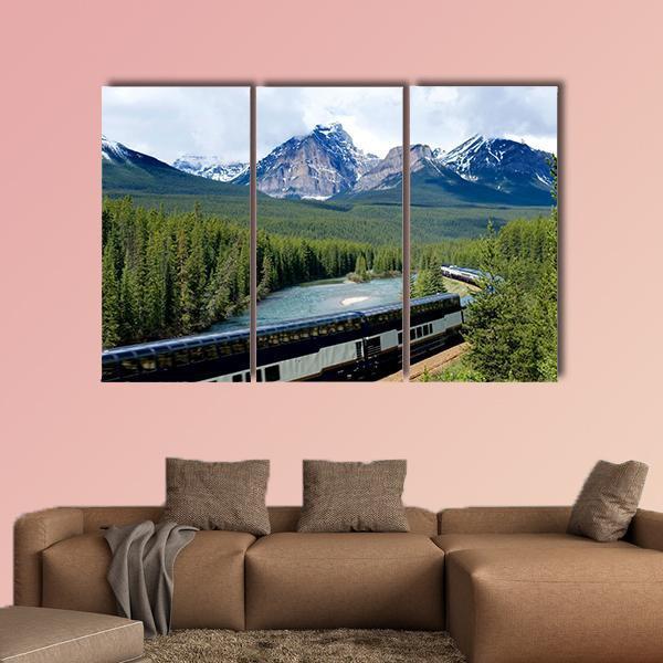 Train In Canadian Rockies Canvas Wall Art-5 Star-Gallery Wrap-62" x 32"-Tiaracle