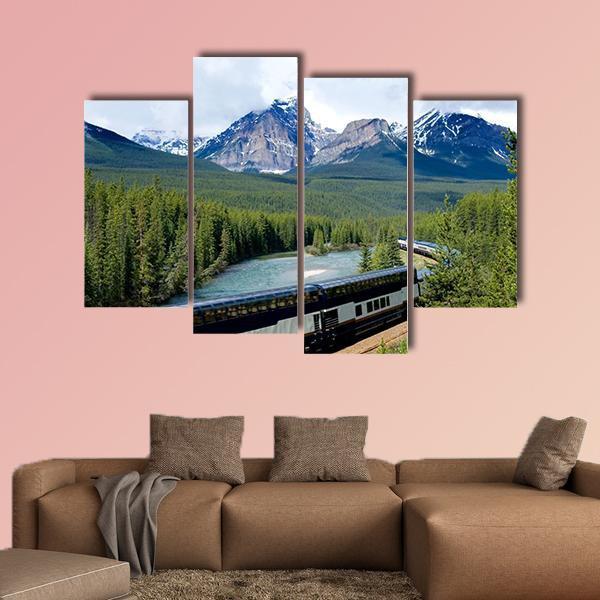 Train In Canadian Rockies Canvas Wall Art-4 Pop-Gallery Wrap-50" x 32"-Tiaracle
