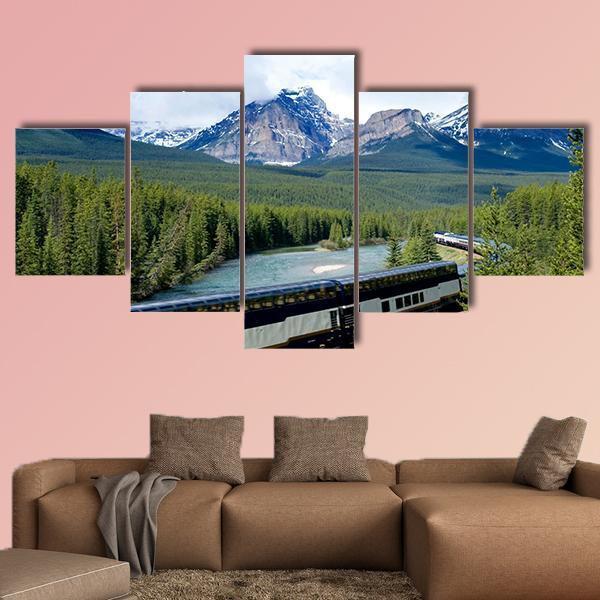 Train In Canadian Rockies Canvas Wall Art-5 Star-Gallery Wrap-62" x 32"-Tiaracle