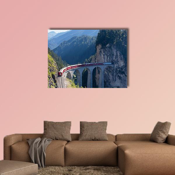 Rhaetian Railway on Landwasser Viaduct Canvas Wall Art in gray, green and blue, single panel hung on a wall