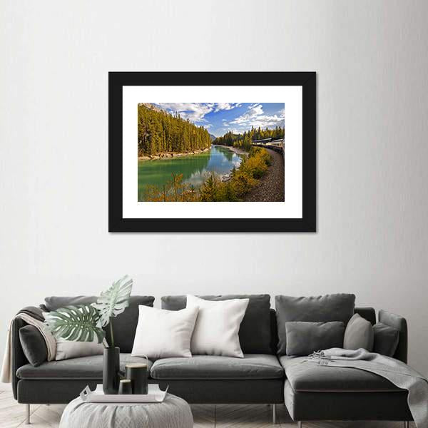 Train Journey Through The Rocky Mountains Lake Canvas Wall Art-1 Piece-Framed Print-20" x 16"-Tiaracle