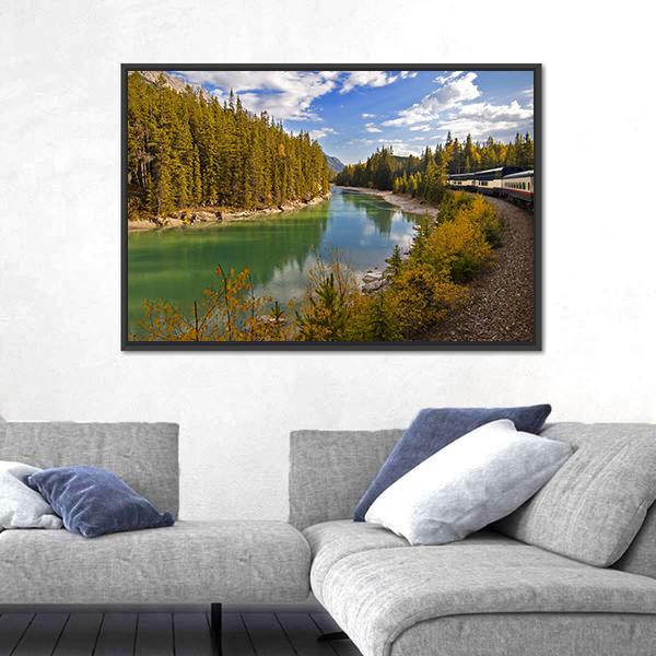 Train Journey Through The Rocky Mountains Lake Canvas Wall Art-1 Piece-Floating Frame-24" x 16"-Tiaracle
