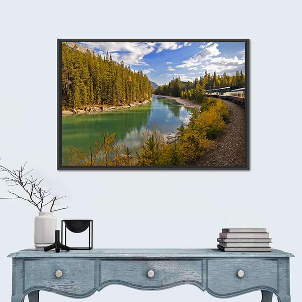 Train Journey Through The Rocky Mountains Lake Canvas Wall Art-3 Horizontal-Gallery Wrap-25" x 16"-Tiaracle