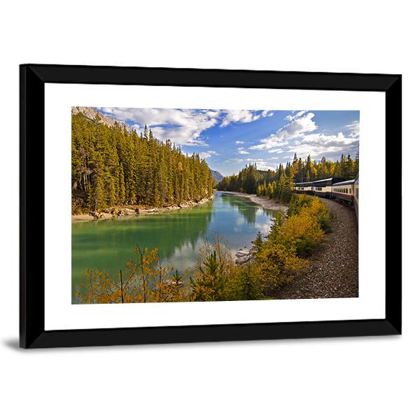 Train Journey Through The Rocky Mountains Lake Canvas Wall Art-3 Horizontal-Gallery Wrap-25" x 16"-Tiaracle