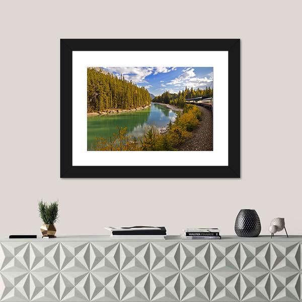 Train Journey Through The Rocky Mountains Lake Canvas Wall Art-3 Horizontal-Gallery Wrap-25" x 16"-Tiaracle