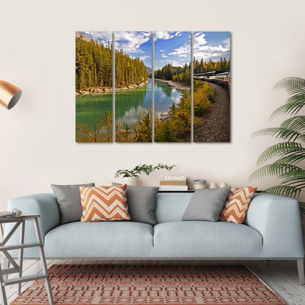 Train Journey Through The Rocky Mountains Lake Canvas Wall Art-4 Horizontal-Gallery Wrap-34" x 24"-Tiaracle