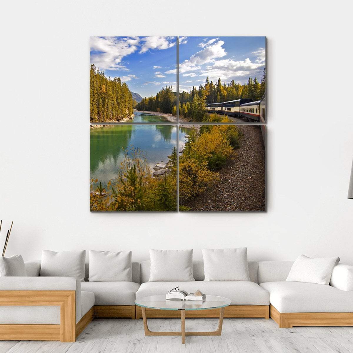 Train Journey Through The Rocky Mountains Lake Canvas Wall Art-4 Square-Gallery Wrap-17" x 17"-Tiaracle
