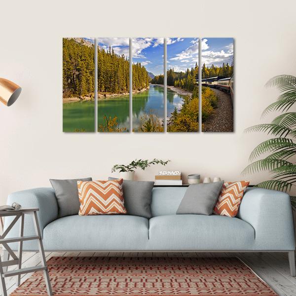 Train Journey Through The Rocky Mountains Lake Canvas Wall Art-5 Horizontal-Gallery Wrap-22" x 12"-Tiaracle