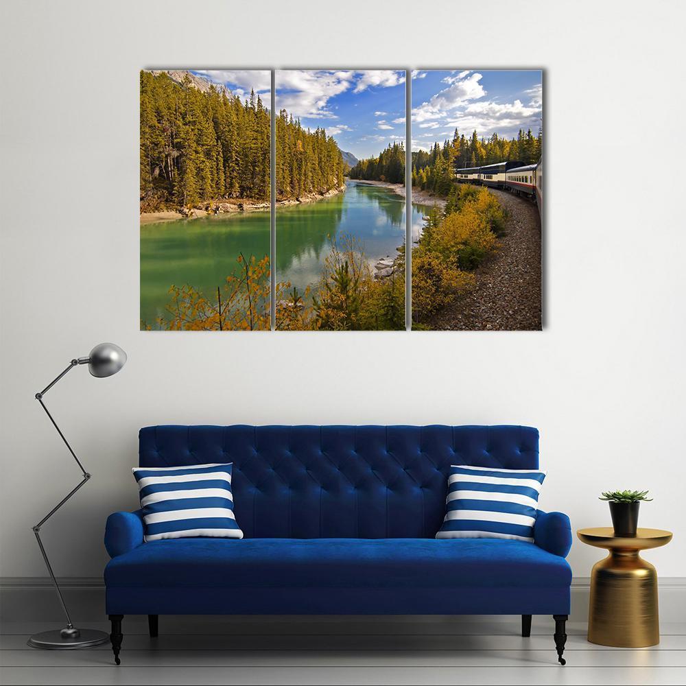 Train Journey Through The Rocky Mountains Lake Canvas Wall Art-3 Horizontal-Gallery Wrap-37" x 24"-Tiaracle