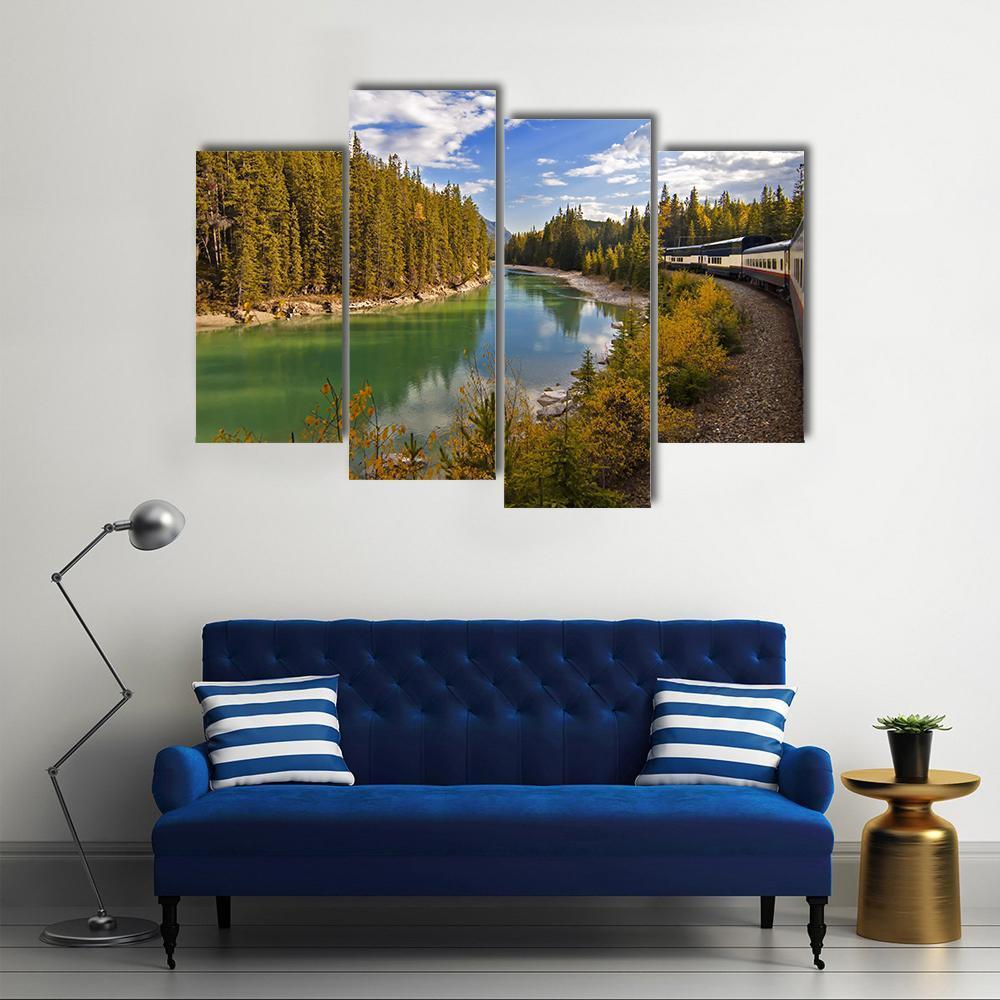 Train Journey Through The Rocky Mountains Lake Canvas Wall Art-4 Pop-Gallery Wrap-50" x 32"-Tiaracle